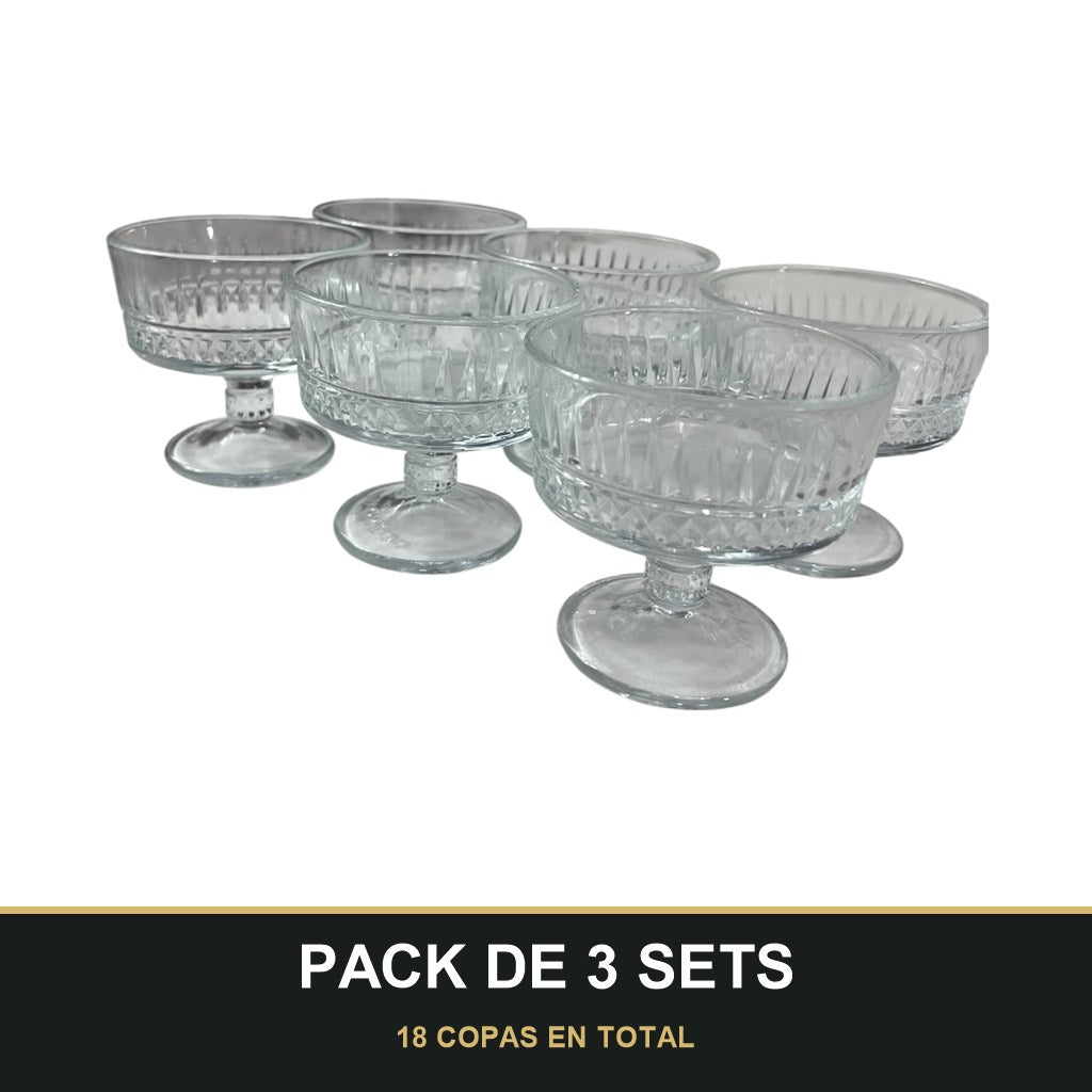 PACK DE 3 SETS — Set de 6 copas de cristal grabado para postre — elegancia y tradición en cada detalle. 18 COPAS EN TOTAL