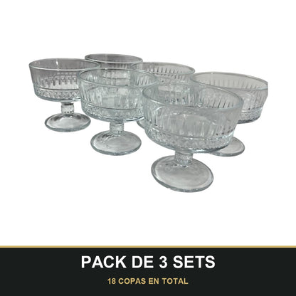 PACK DE 3 SETS — Set de 6 copas de cristal grabado para postre — elegancia y tradición en cada detalle. 18 COPAS EN TOTAL