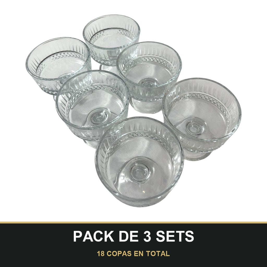 PACK DE 3 SETS — Set de 6 copas de cristal grabado para postre — elegancia y tradición en cada detalle. 18 COPAS EN TOTAL