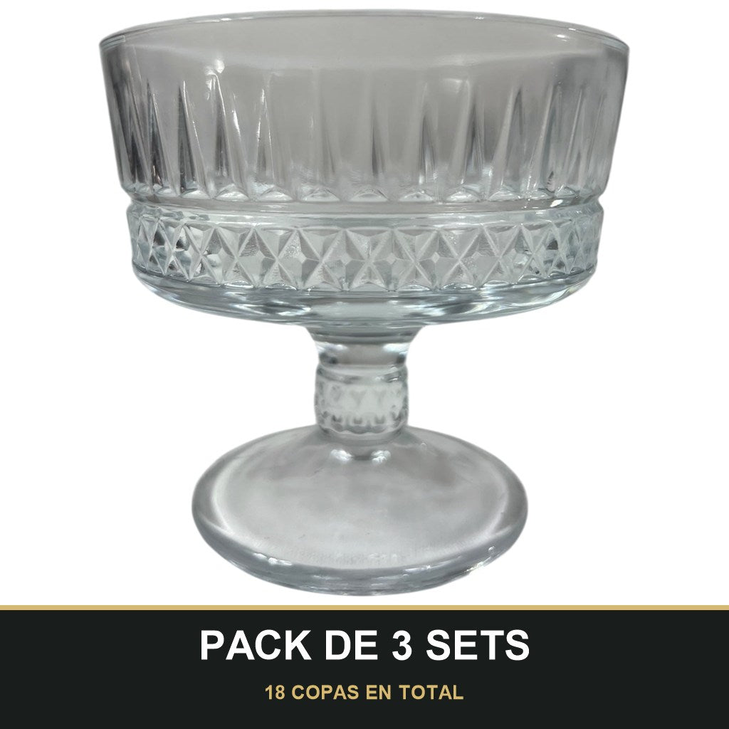 PACK DE 3 SETS — Set de 6 copas de cristal grabado para postre — elegancia y tradición en cada detalle. 18 COPAS EN TOTAL
