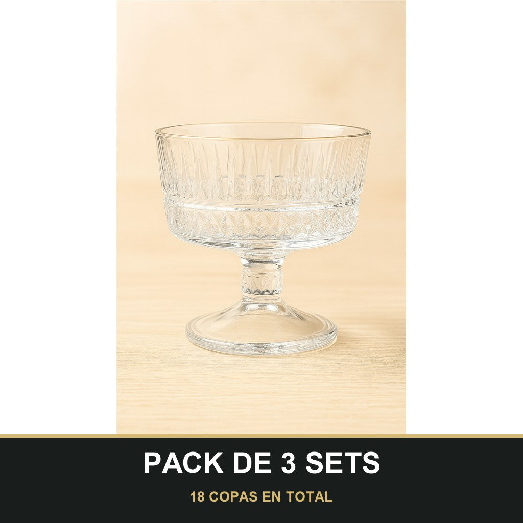 PACK DE 3 SETS — Set de 6 copas de cristal grabado para postre — elegancia y tradición en cada detalle. 18 COPAS EN TOTAL