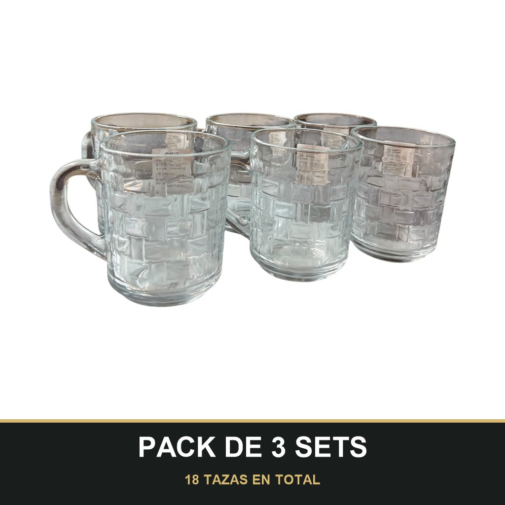 PACK DE 3 SETS — Pack de 6 Tazas de Cristal con Relieve cuadrado – Elegancia y Estilo para tu Mesa. 18 TAZAS EN TOTAL