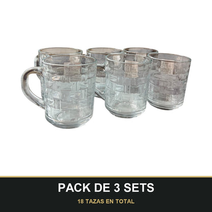 PACK DE 3 SETS — Pack de 6 Tazas de Cristal con Relieve cuadrado – Elegancia y Estilo para tu Mesa. 18 TAZAS EN TOTAL