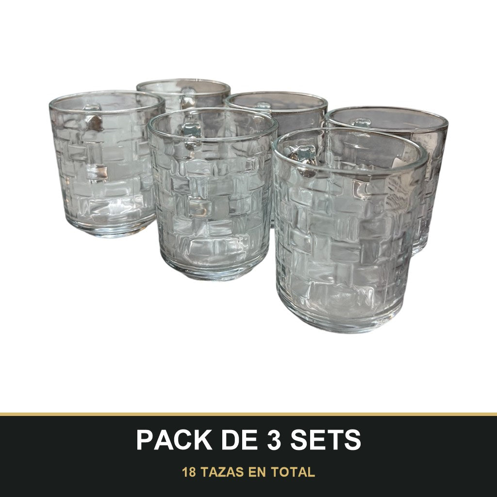PACK DE 3 SETS — Pack de 6 Tazas de Cristal con Relieve cuadrado – Elegancia y Estilo para tu Mesa. 18 TAZAS EN TOTAL