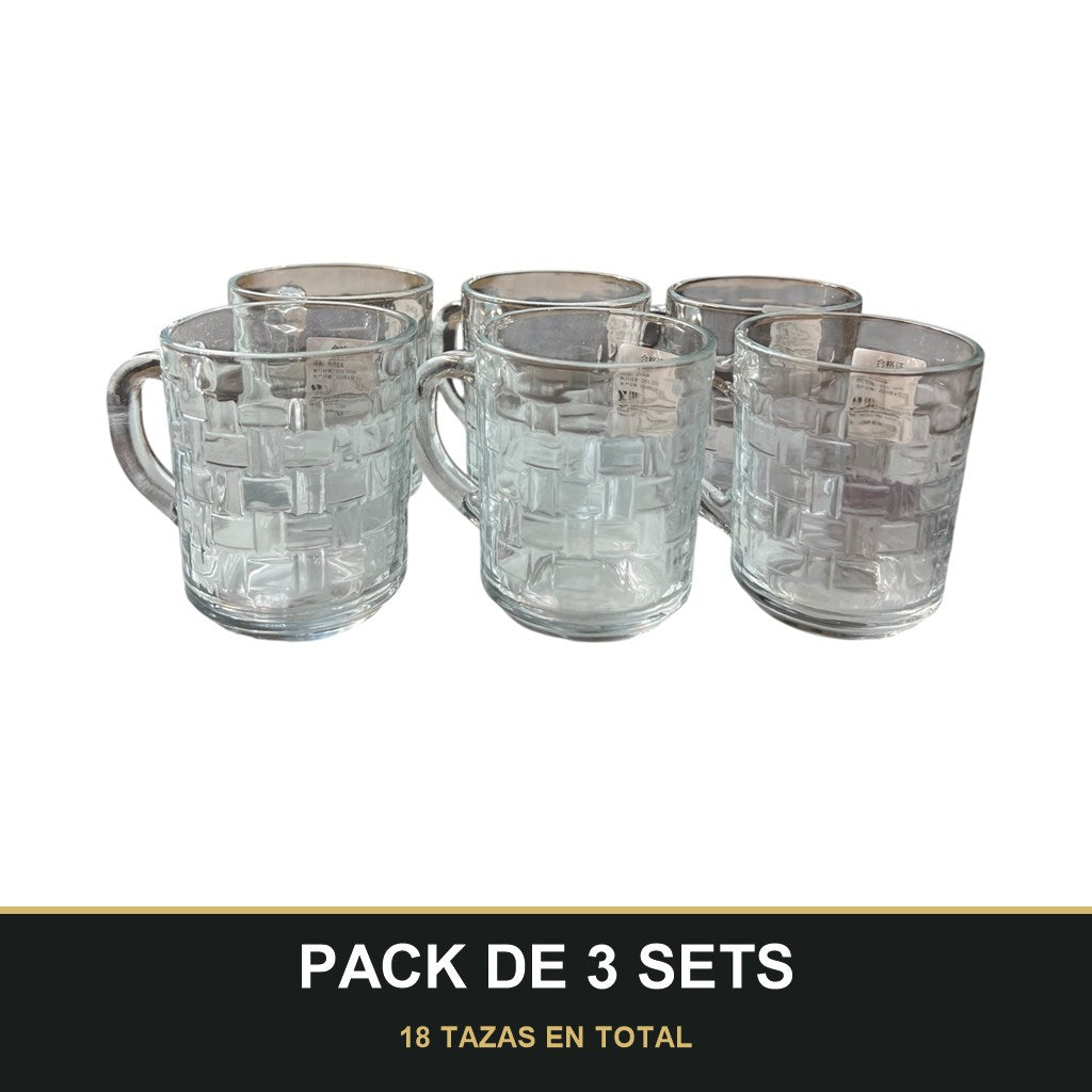 PACK DE 3 SETS — Pack de 6 Tazas de Cristal con Relieve cuadrado – Elegancia y Estilo para tu Mesa. 18 TAZAS EN TOTAL