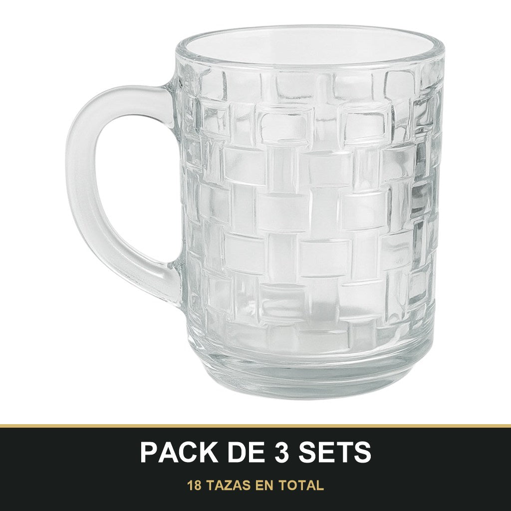 PACK DE 3 SETS — Pack de 6 Tazas de Cristal con Relieve cuadrado – Elegancia y Estilo para tu Mesa. 18 TAZAS EN TOTAL