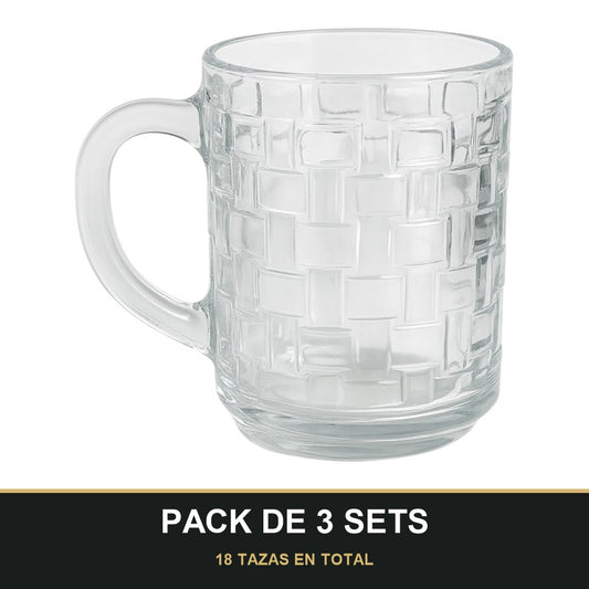 PACK DE 3 SETS — Pack de 6 Tazas de Cristal con Relieve cuadrado – Elegancia y Estilo para tu Mesa. 18 TAZAS EN TOTAL