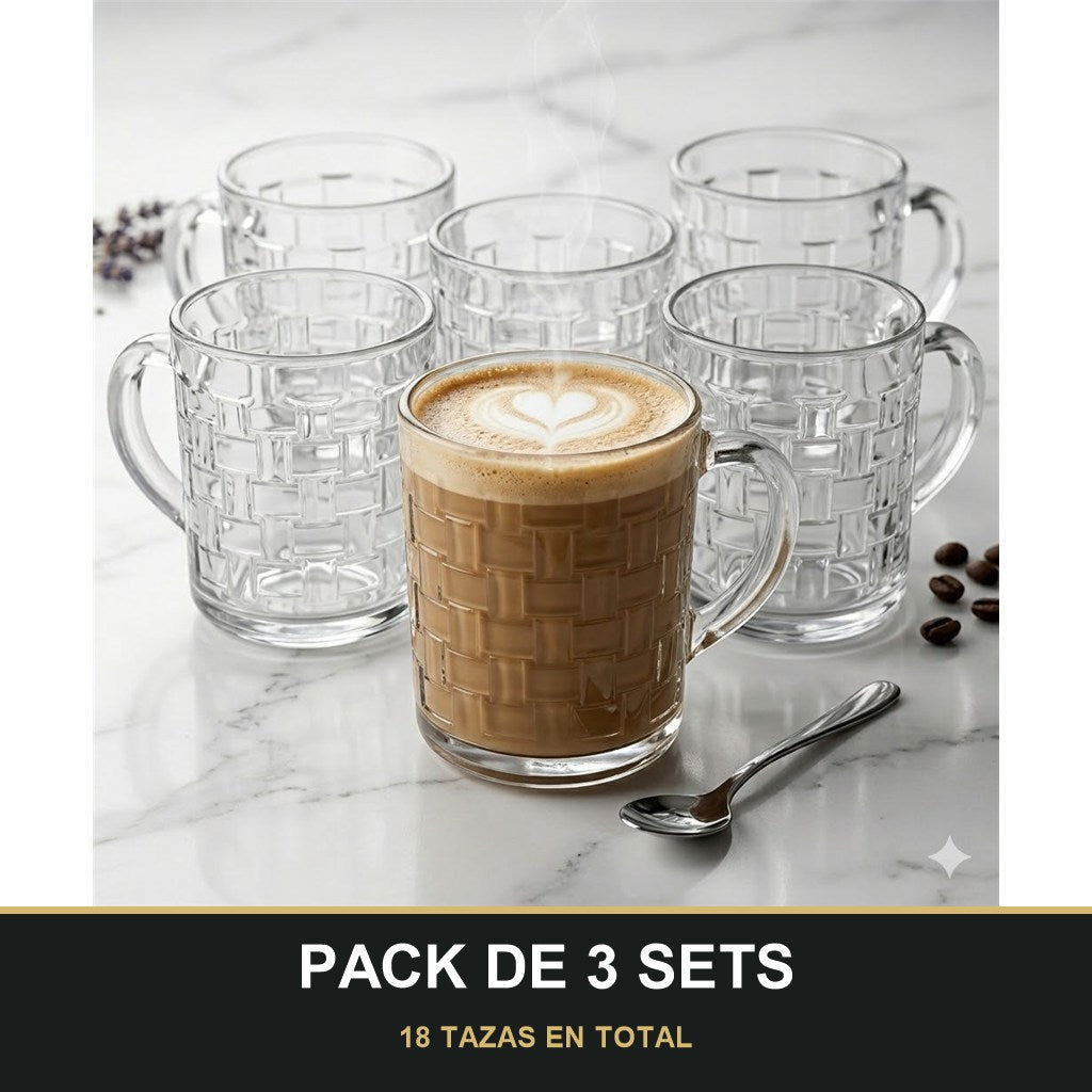 PACK DE 3 SETS — Pack de 6 Tazas de Cristal con Relieve cuadrado – Elegancia y Estilo para tu Mesa. 18 TAZAS EN TOTAL