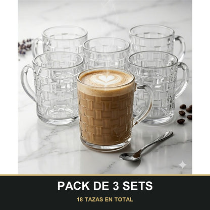 PACK DE 3 SETS — Pack de 6 Tazas de Cristal con Relieve cuadrado – Elegancia y Estilo para tu Mesa. 18 TAZAS EN TOTAL