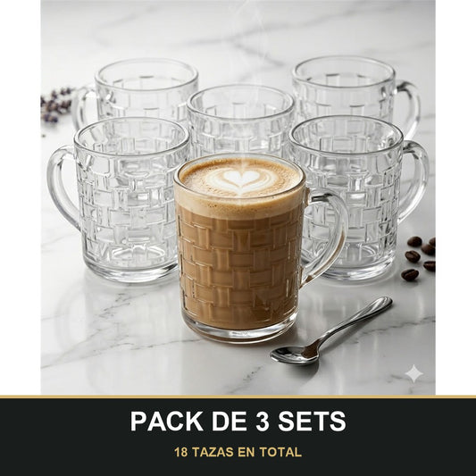 PACK DE 3 SETS — Pack de 6 Tazas de Cristal con Relieve cuadrado – Elegancia y Estilo para tu Mesa. 18 TAZAS EN TOTAL