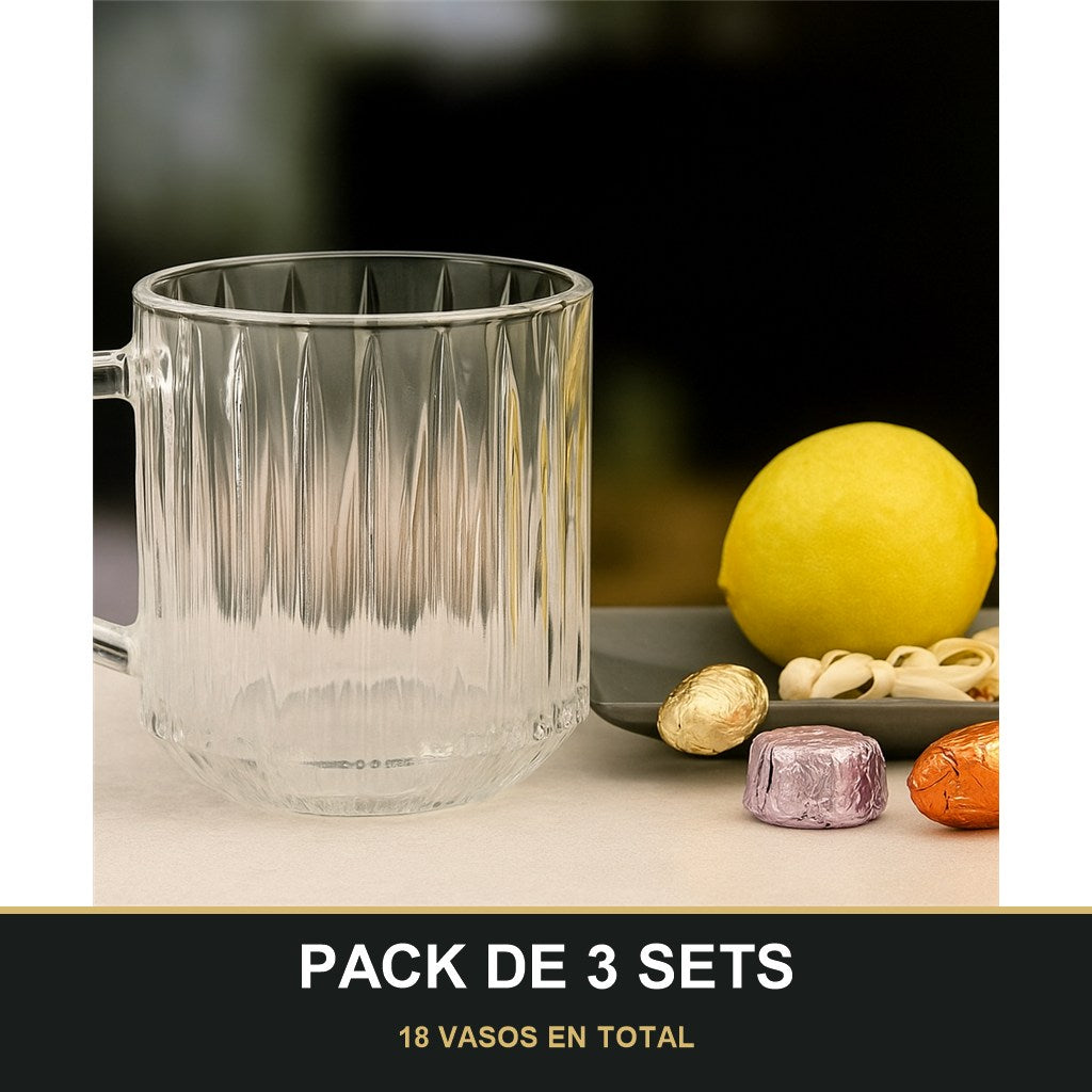 PACK DE 3 SETS — Set de 6 Vasos de Cristal con Asa - 250 ml. 18 VASOS EN TOTAL