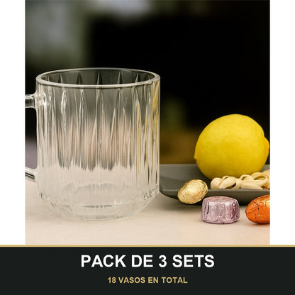 PACK DE 3 SETS — Set de 6 Vasos de Cristal con Asa - 250 ml. 18 VASOS EN TOTAL