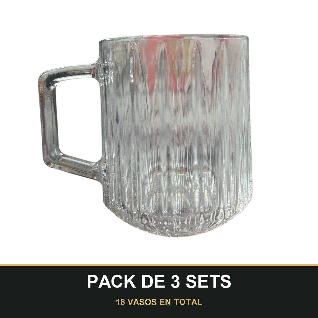PACK DE 3 SETS — Set de 6 Vasos de Cristal con Asa - 250 ml. 18 VASOS EN TOTAL