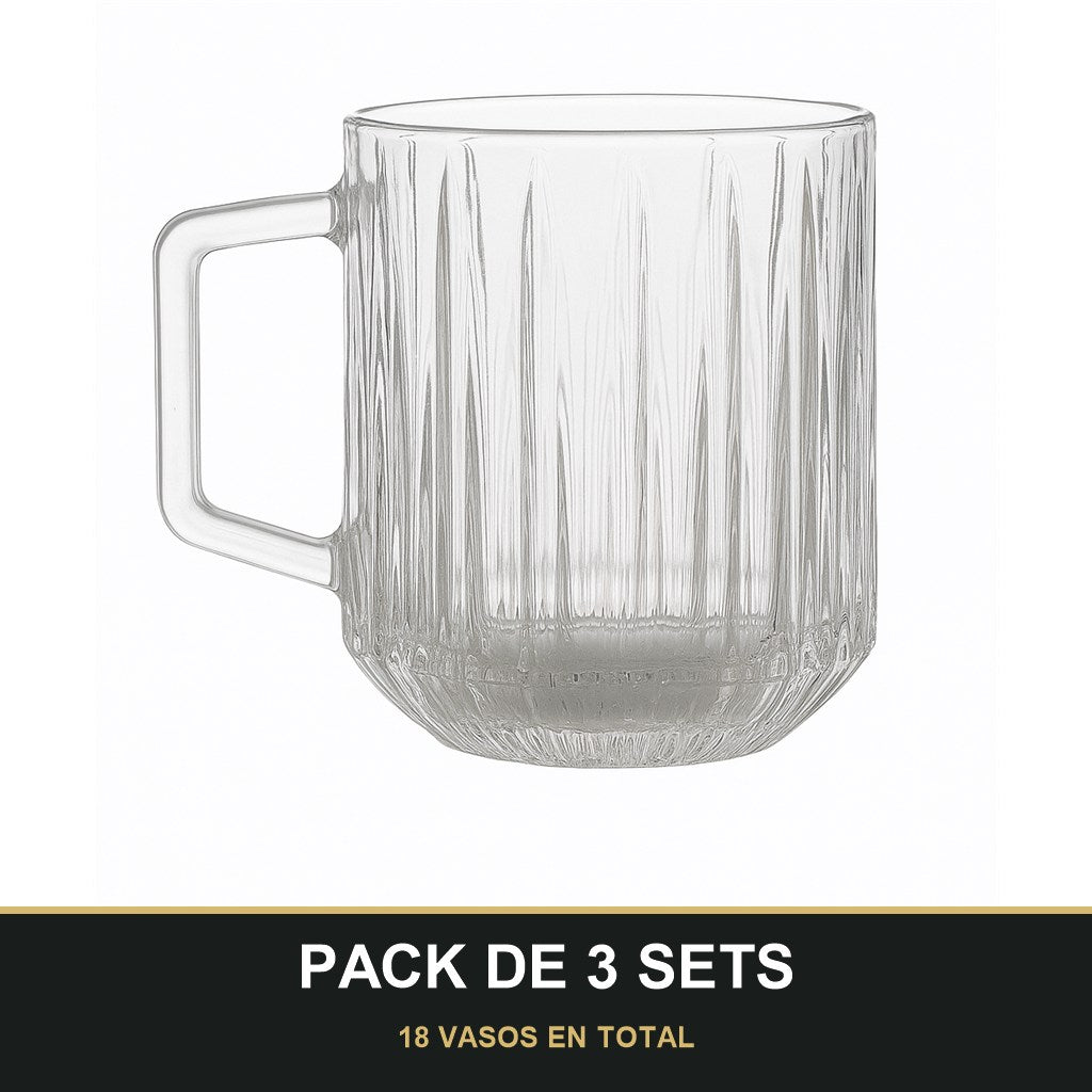 PACK DE 3 SETS — Set de 6 Vasos de Cristal con Asa - 250 ml. 18 VASOS EN TOTAL
