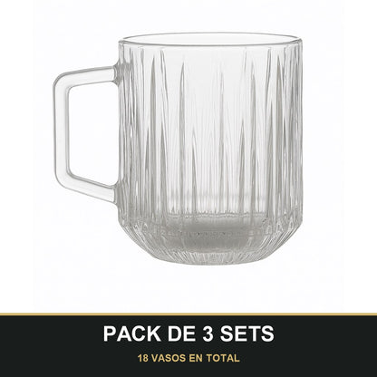 PACK DE 3 SETS — Set de 6 Vasos de Cristal con Asa - 250 ml. 18 VASOS EN TOTAL