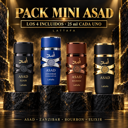 Pack mini Asad Collection de Lattafa: Asad, Zanzibar, Bourbon y Elixir, cuatro perfumes de 25 ml