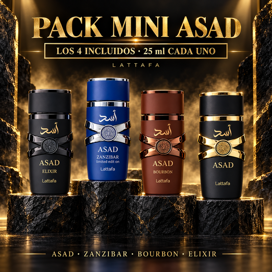 Pack mini Asad Collection de Lattafa: Asad, Zanzibar, Bourbon y Elixir, cuatro perfumes de 25 ml