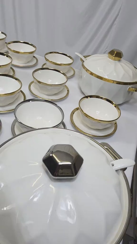 🍽️ Juego de Vajilla de Porcelana Blanca con Bordes Dorados –2,7L- Set Premium Elegante (24 Piezas)