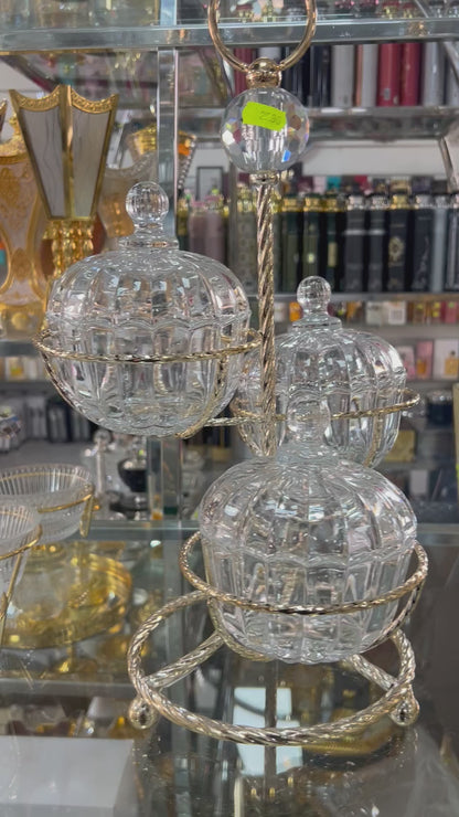Set decorativo de 3 esferas de cristal con soporte dorado