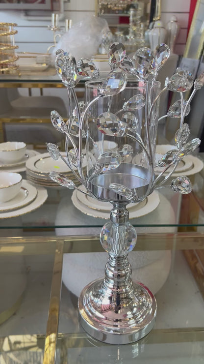 Portavelas moderno con copa y decoración floral de cristal