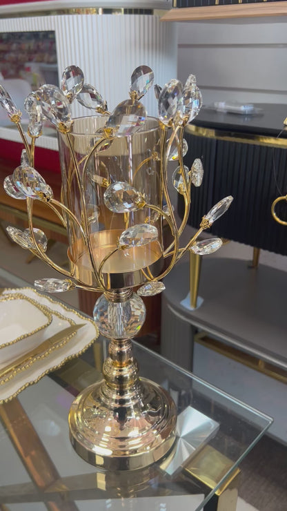 Portavelas elegante con flores de cristal doradas