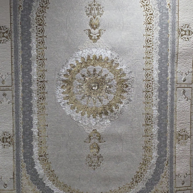 Alfombra NADOR Crema y Gris Claro con Medallón Clásico y Detalles Elegantes ✨🤍🩶 — Estilo Turco Sofisticado para Salón, Dormitorio y Pasillo
