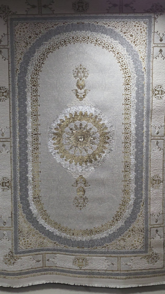 Alfombra NADOR Crema y Gris Claro con Medallón Clásico y Detalles Elegantes ✨🤍🩶 — Estilo Turco Sofisticado para Salón, Dormitorio y Pasillo