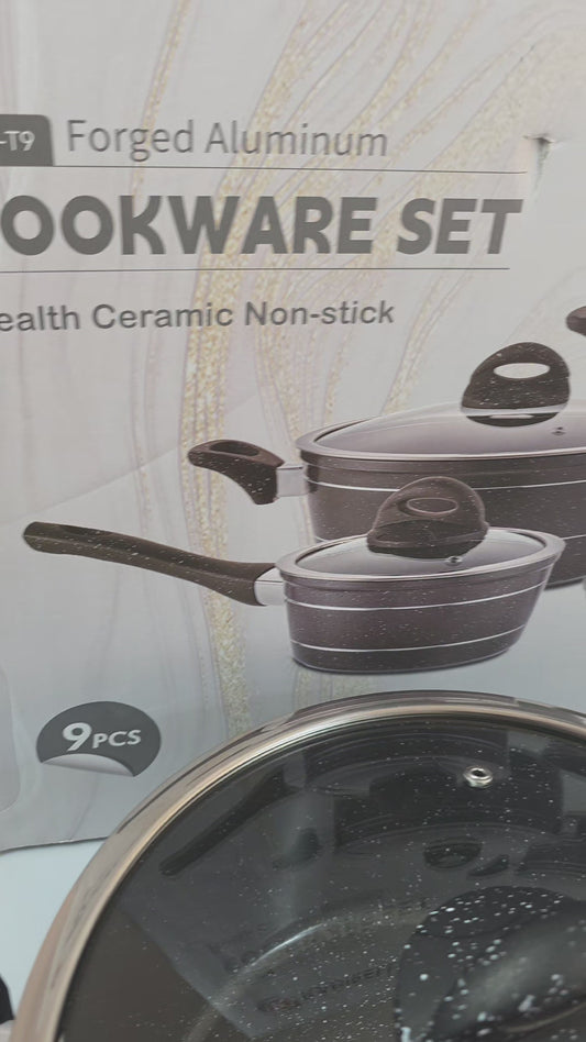 🖤 Batería de Cocina Antiadherente Premium 9 Piezas – Acabado Granito Negro con Tapas de Vidrio