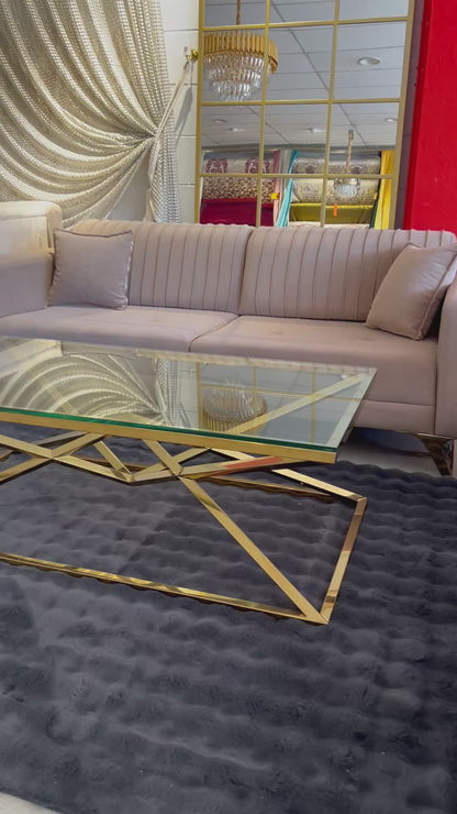 Mesa de centro de cristal y patas acero inoxidable dorado