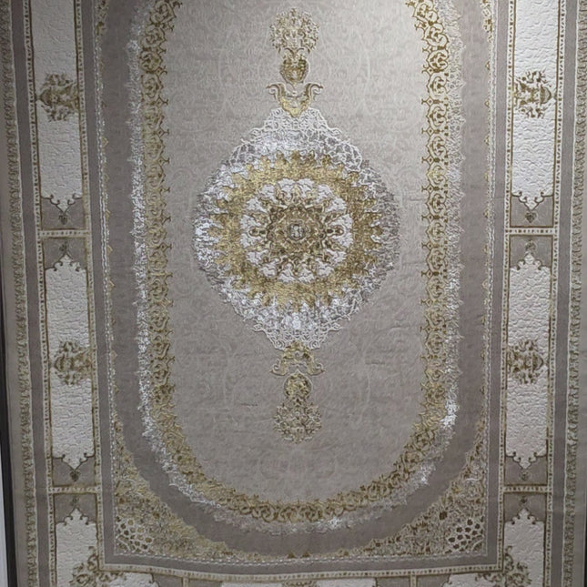 Alfombra NADOR Vizon y Crema con Marco Decorativo y Medallón Central ✨🤎🤍 — Estilo Tradicional Elegante con Profundidad y Contraste