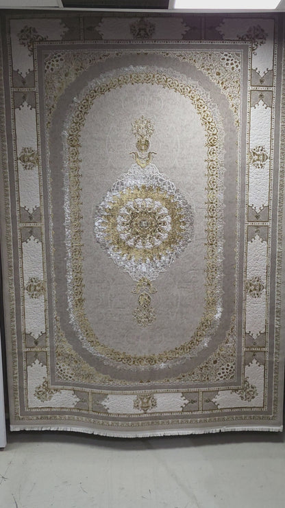 Alfombra NADOR Vizon y Crema con Marco Decorativo y Medallón Central ✨🤎🤍 — Estilo Tradicional Elegante con Profundidad y Contraste