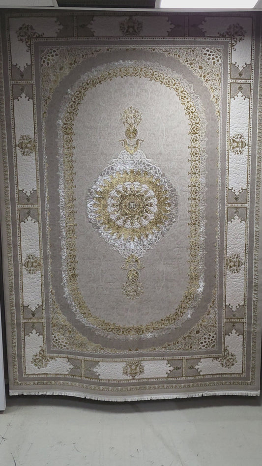 Alfombra NADOR Vizon y Crema con Marco Decorativo y Medallón Central ✨🤎🤍 — Estilo Tradicional Elegante con Profundidad y Contraste