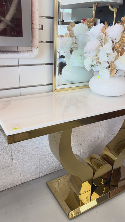 Mesa de entrada con base de mármol blanco 160*45*85" patas dorado acero