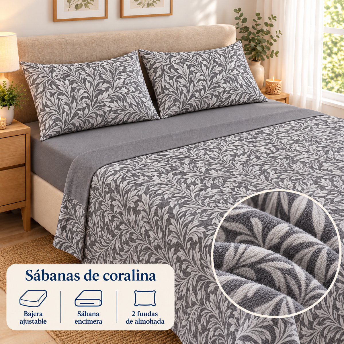 Sábanas de coralina Ramas – Gris; ambientación y detalle ilustrativo del tejido