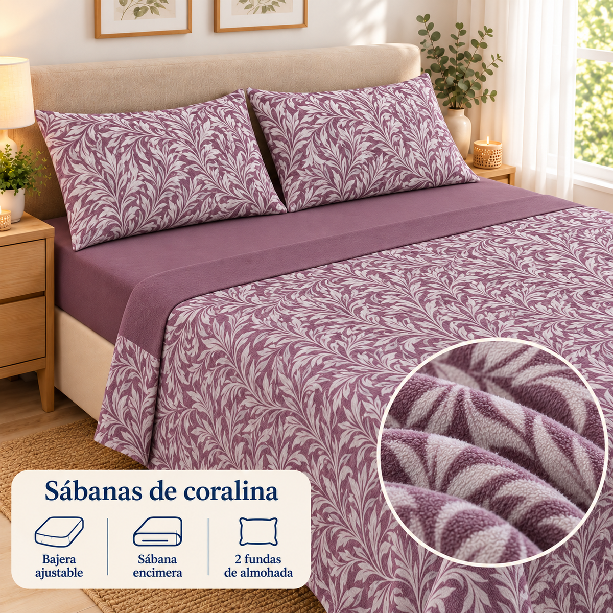 Sábanas de coralina Ramas – Malva oscuro; ambientación y detalle ilustrativo del tejido