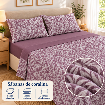 Sábanas de coralina Ramas – Malva oscuro; ambientación y detalle ilustrativo del tejido