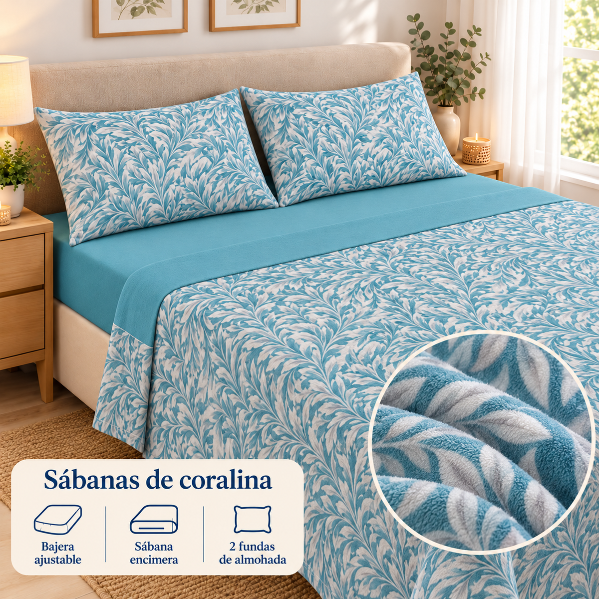 Sábanas de coralina Ramas – Turquesa; ambientación y detalle ilustrativo del tejido