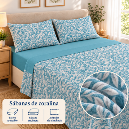 Sábanas de coralina Ramas – Turquesa; ambientación y detalle ilustrativo del tejido