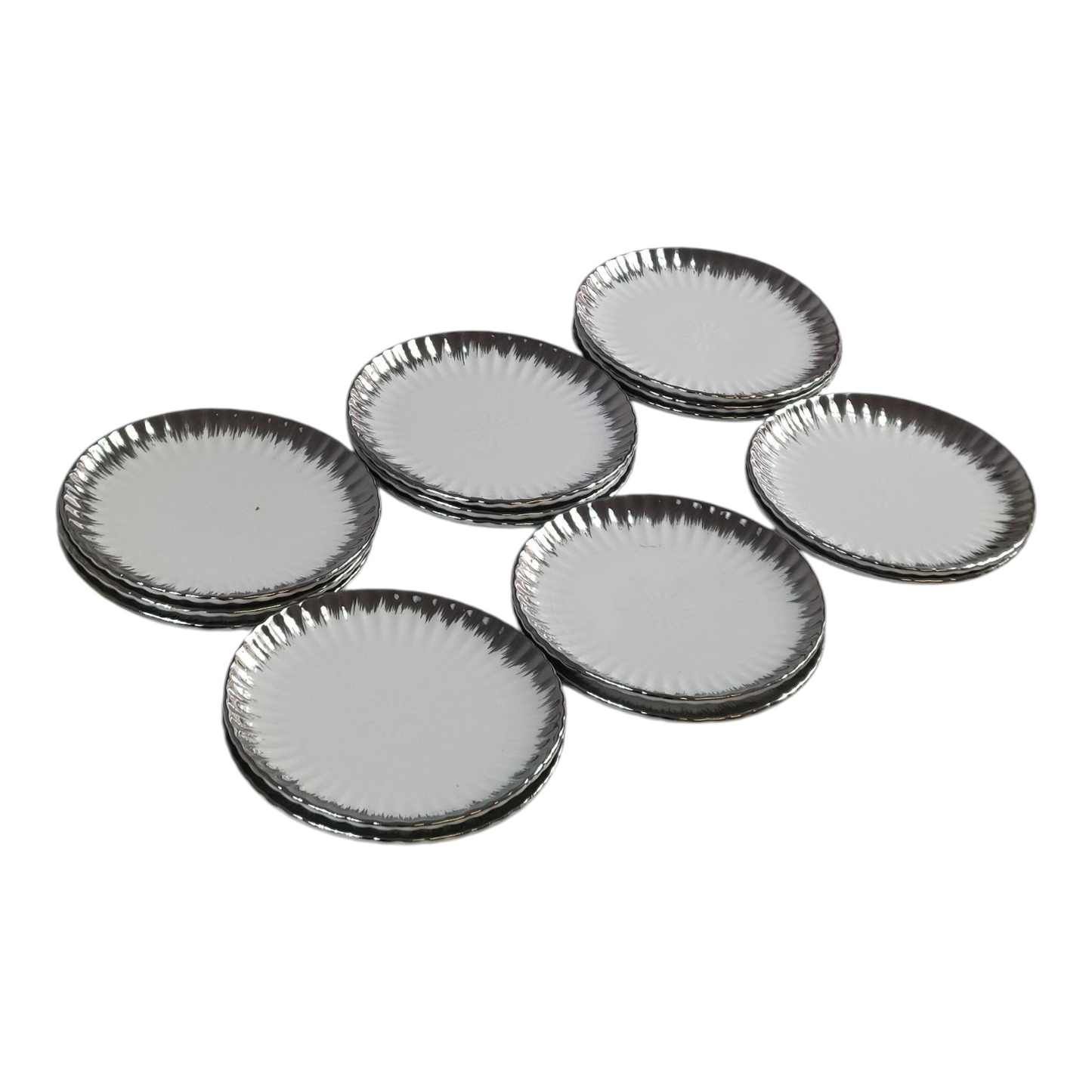 🍽️ Set de 12 Platos de Postre Redondos con Borde Plateado Brillante Ø 15cm – Estilo Lujo