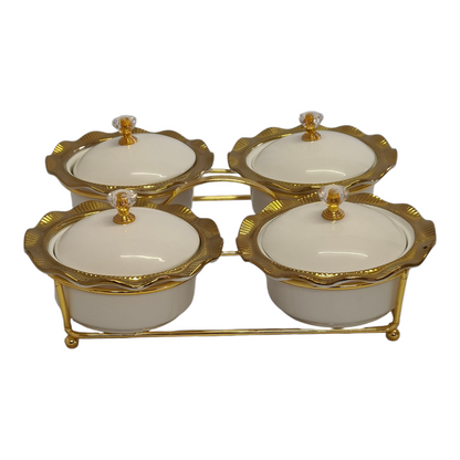 Set de 4 Cuencos de Porcelana con Tapas + Soporte Dorado — Bandeja de Aperitivos/Condimentos