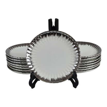 🍽️ Set de 12 Platos de Postre Redondos con Borde Plateado Brillante Ø 15cm – Estilo Lujo