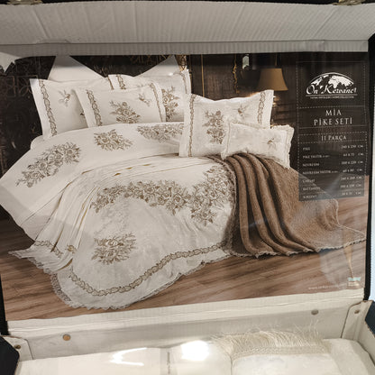 Set de Cama de Lujo Bordado Floral 11 Piezas – Crema y Visón