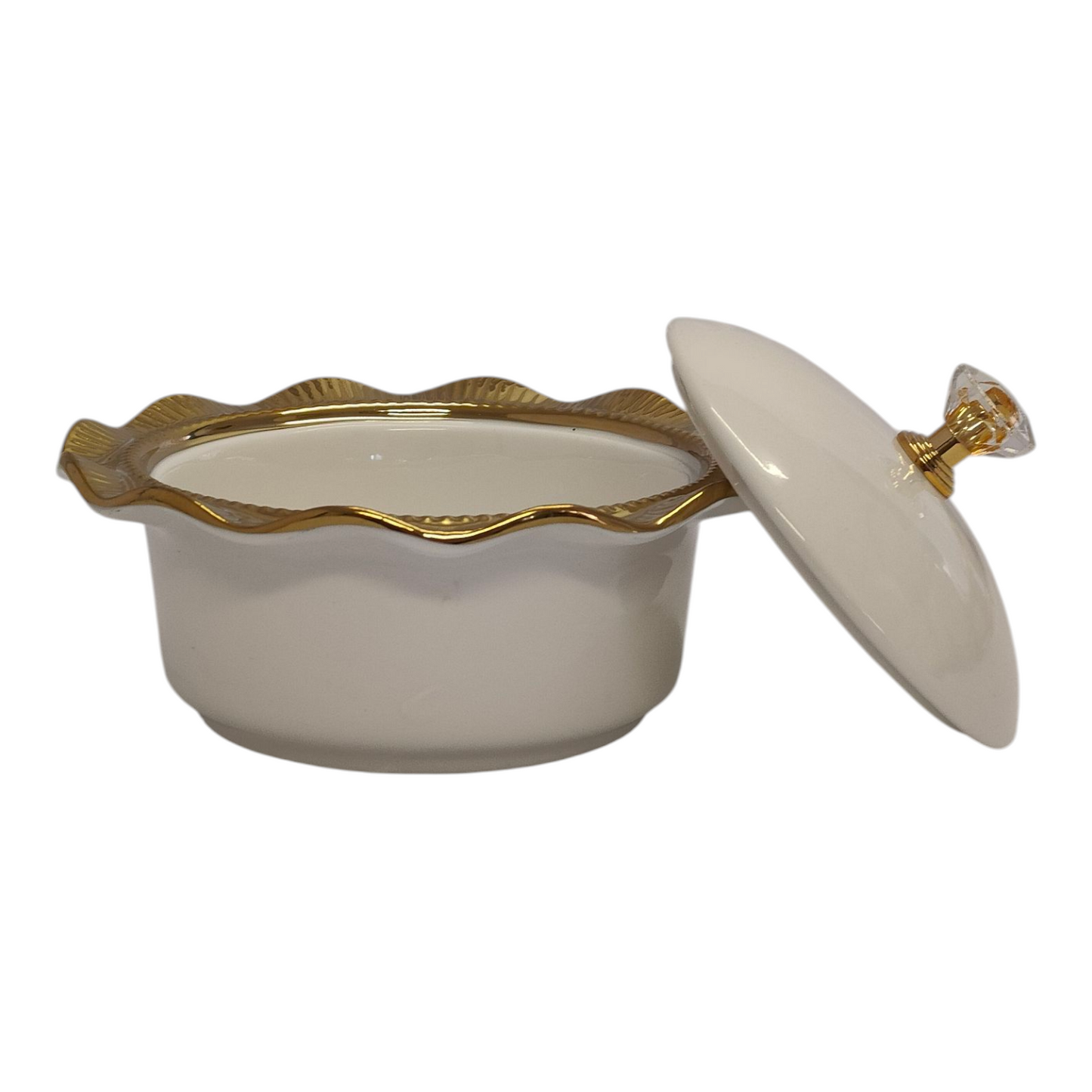 Set de 4 Cuencos de Porcelana con Tapas + Soporte Dorado — Bandeja de Aperitivos/Condimentos