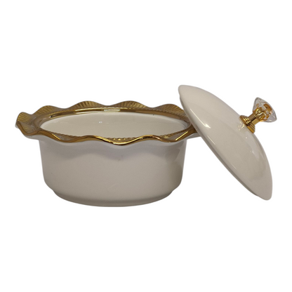 Set de 4 Cuencos de Porcelana con Tapas + Soporte Dorado — Bandeja de Aperitivos/Condimentos