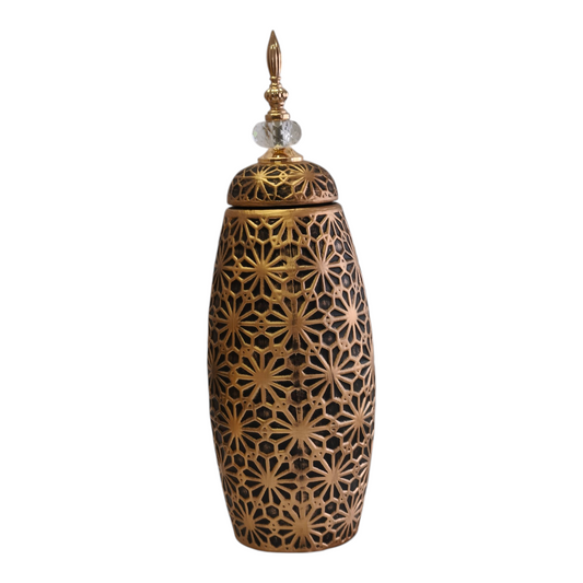 Decoración Árabe Dorada con Tapa y Detalle de Cristal – Diseño Tallado Floral 46,5cm