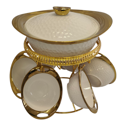 Porcelain Harira Soup Tureen with Gold Stand + 6 Cups/Bowls