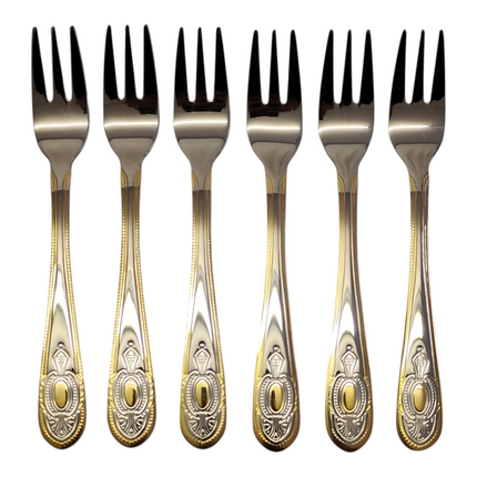 Set de 6 Tenedores de Postre – Acero Inoxidable con Grabado y Borde Dorado | Colección Clásica