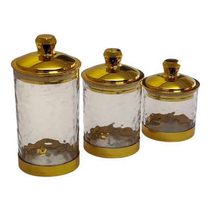 💎 Conjunto de 3 Potes de Plástico Transparente com Tampas Douradas — Design Ondulado e Elegante ✨