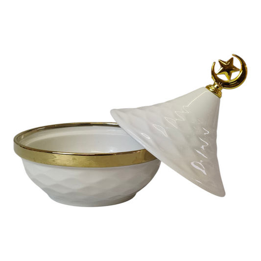 Mini Tajine Decorativo Blanco con Borde Dorado y Luna - 12,5cm 🌙✨