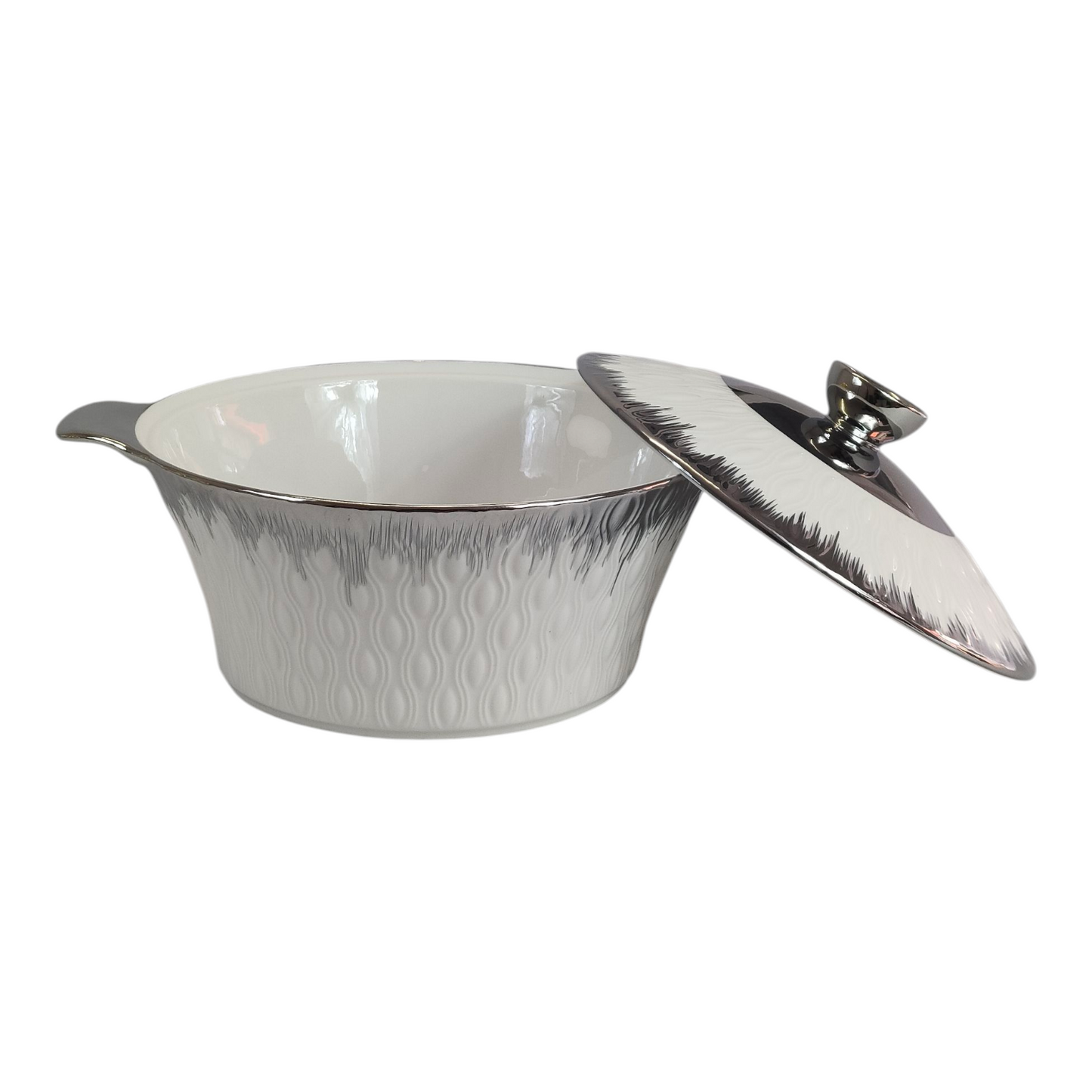 Set de Sopera de Cerámica con Tapadera + 6 Cuencos con Soporte Dorado - Estilo Elegante Blanco y Plateado
